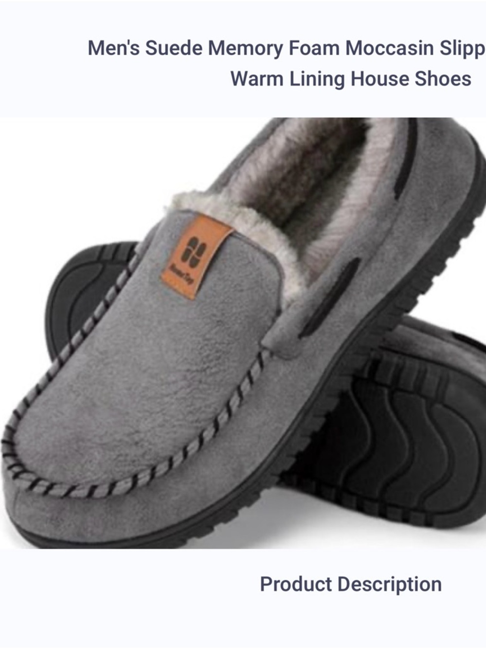 Hometop Men's Grey Fleece-Lined Slip-On Moccasin Suede Slippers Size 9